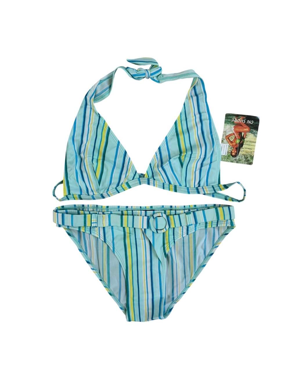 On Shore Women's 2-Piece Striped Bikini Set with Halter Top and Belted Bottom